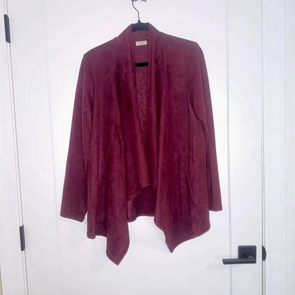 Logo Burgundy Open Front Sweater Jacket Medium Excellent Condition - Picture 1 of 8